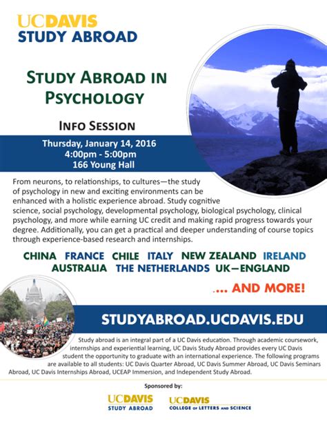 Psychology research abroad - Study Psychology From a Different Cultural Perspective. Learn about the diverse theoretical orientations and approaches to psychology by enrolling in courses taught by professors from the host country. Select courses that are not offered at UMNTC and broaden your understanding of the discipline. 